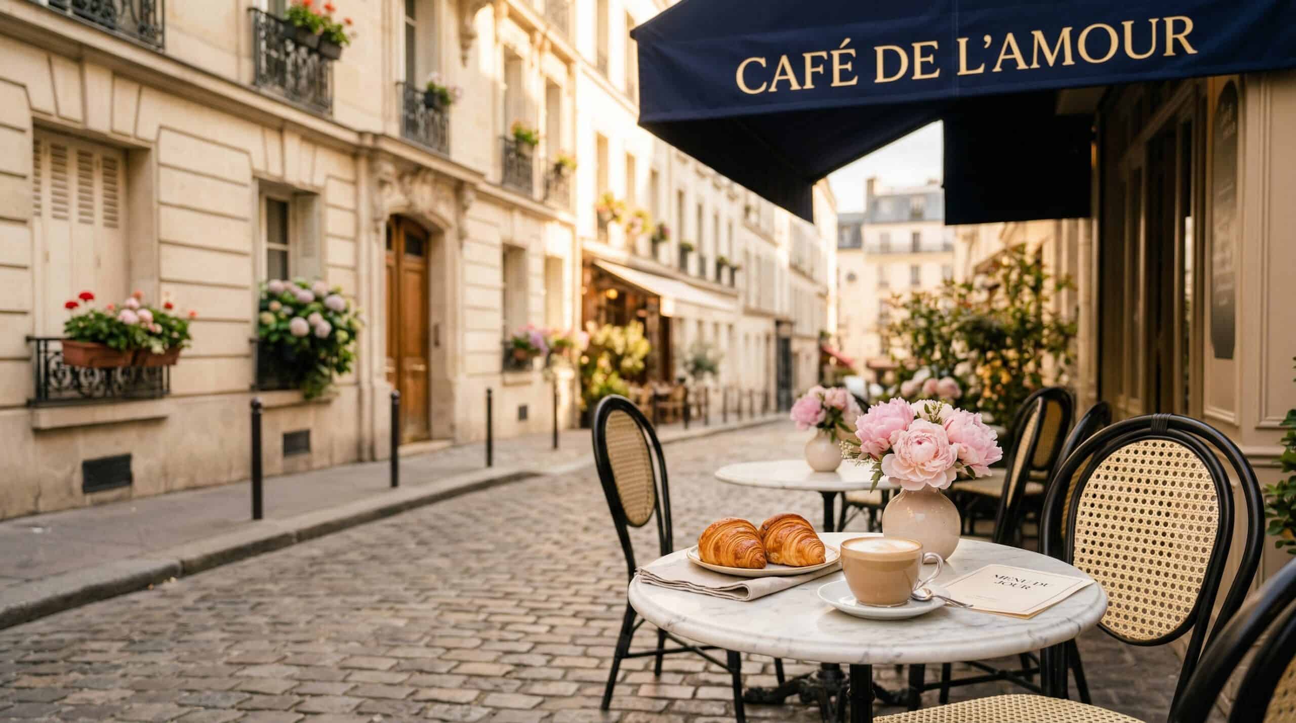 Charming Parisian cafe terrace with bistro chairs and croissants at golden hour