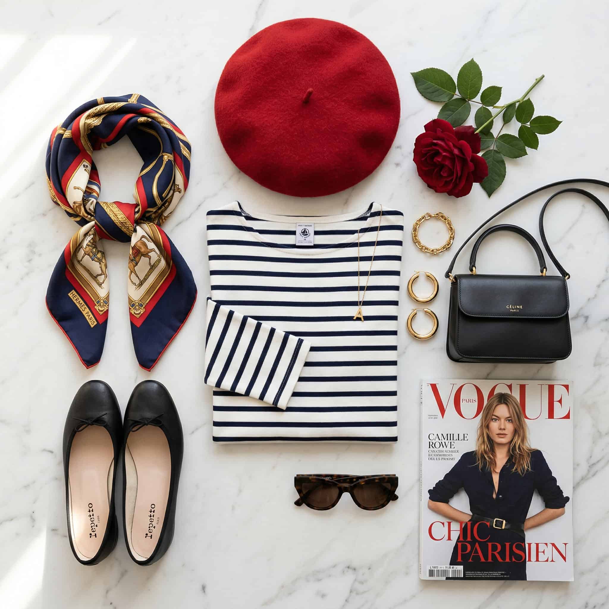 Classic French fashion essentials red beret pearl earrings and quilted designer bag