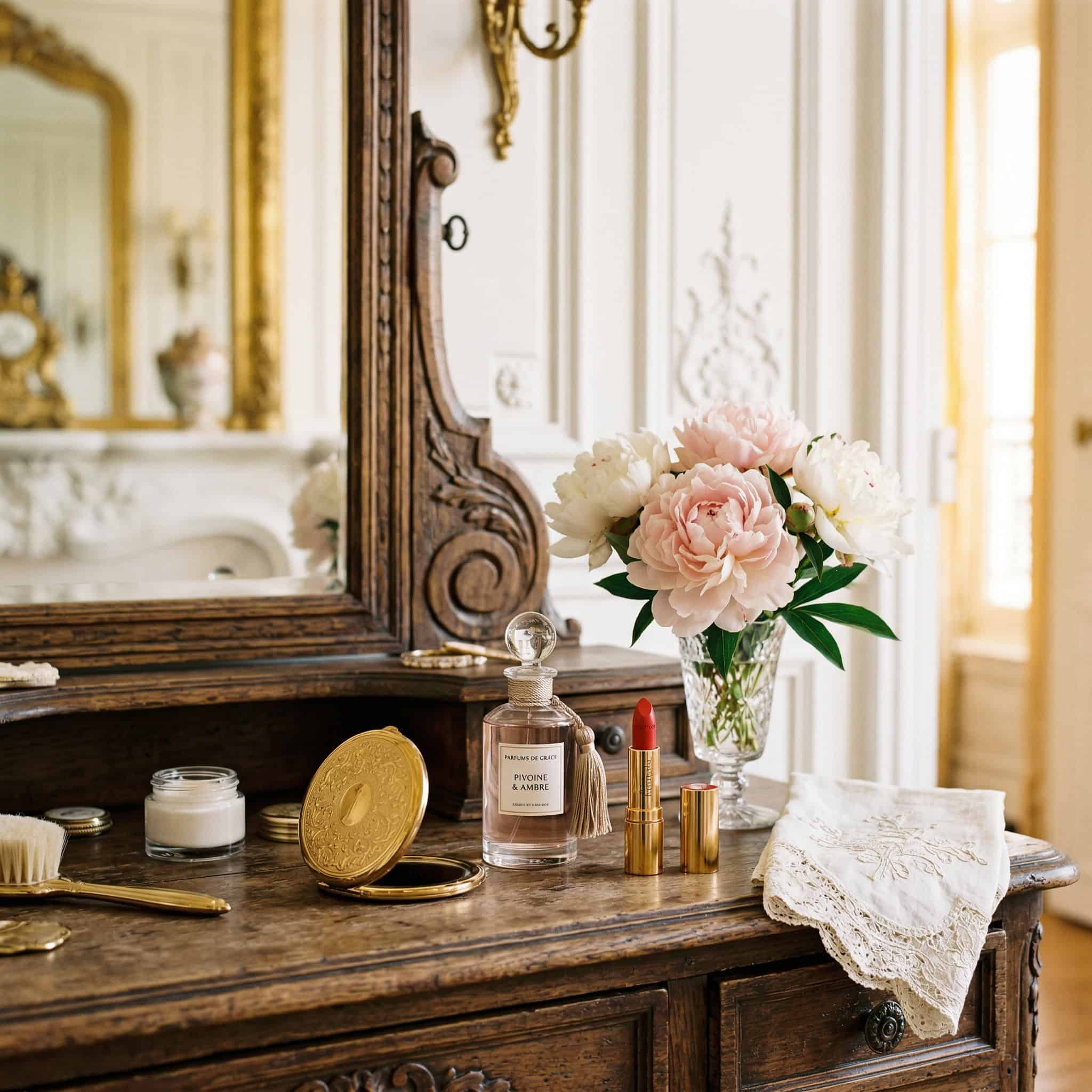 French beauty essentials glass perfume bottle gold lipstick and fresh peony