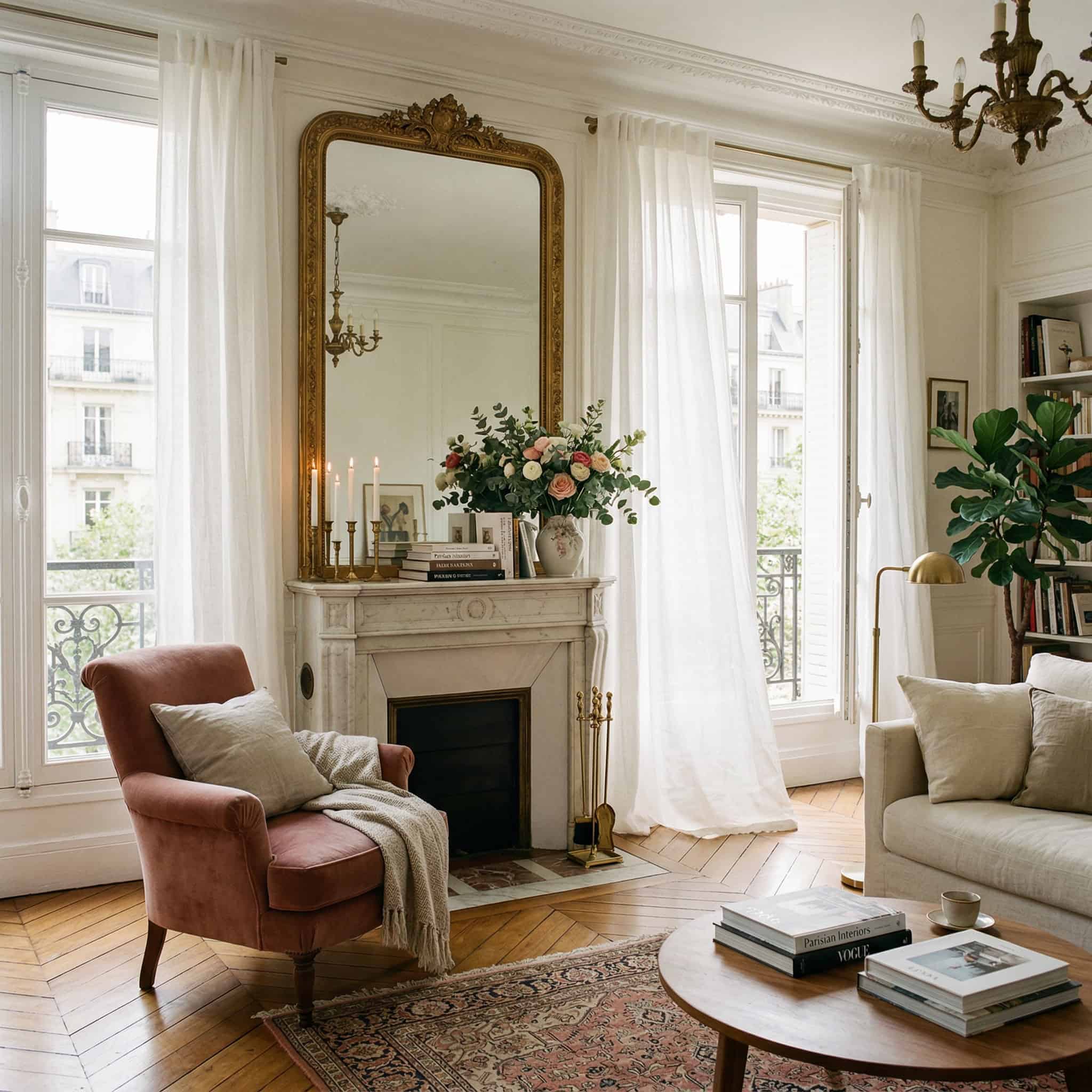 French home decor lavender vase gold candle holder and stacked books