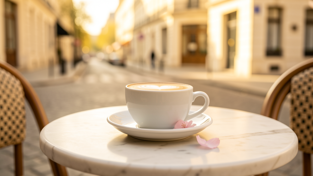 Coffee cup on a Parisian cafe terrace table with cherry blossom