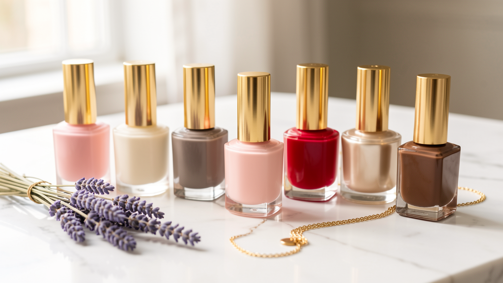 Elegant collection of French nail polish bottles in pink, cream and red